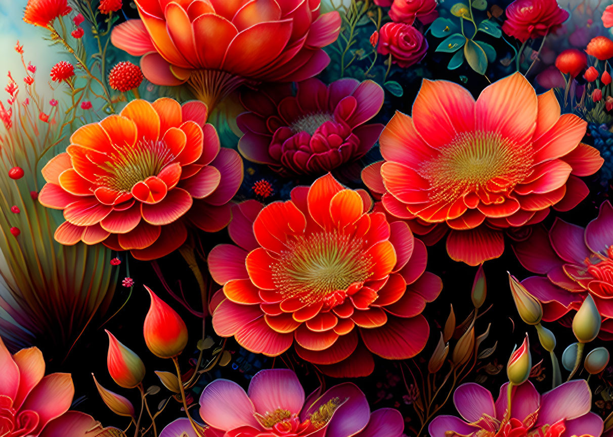 Detailed Vibrant Red and Orange Blooms on Dark Mystical Background