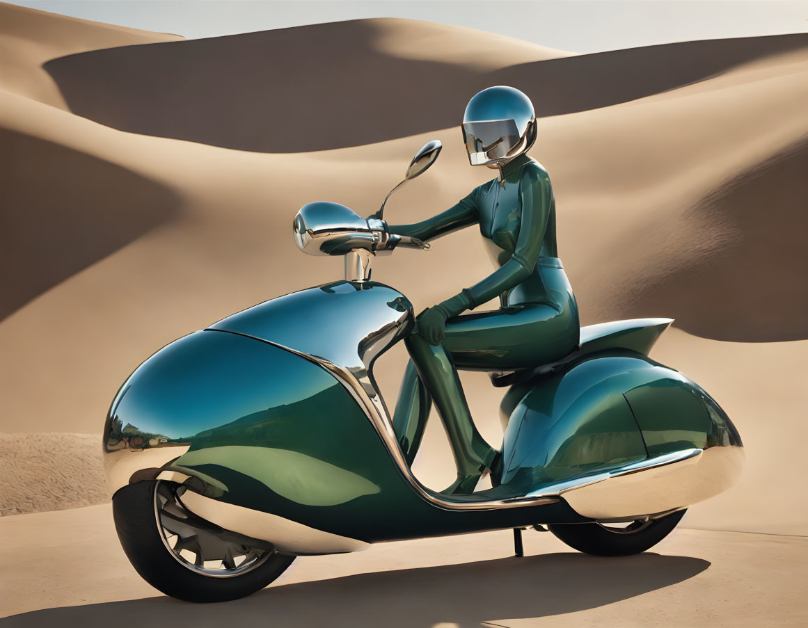 Green helmet and bodysuit rider on retro-futuristic green scooter against beige walls