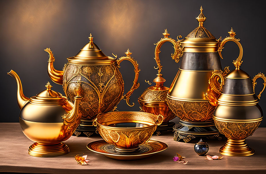 Intricate Gold Tea Set with Ornate Patterns on Table