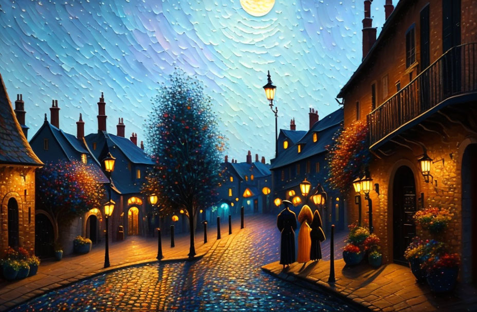 Nighttime painting of couple walking on cobblestone street