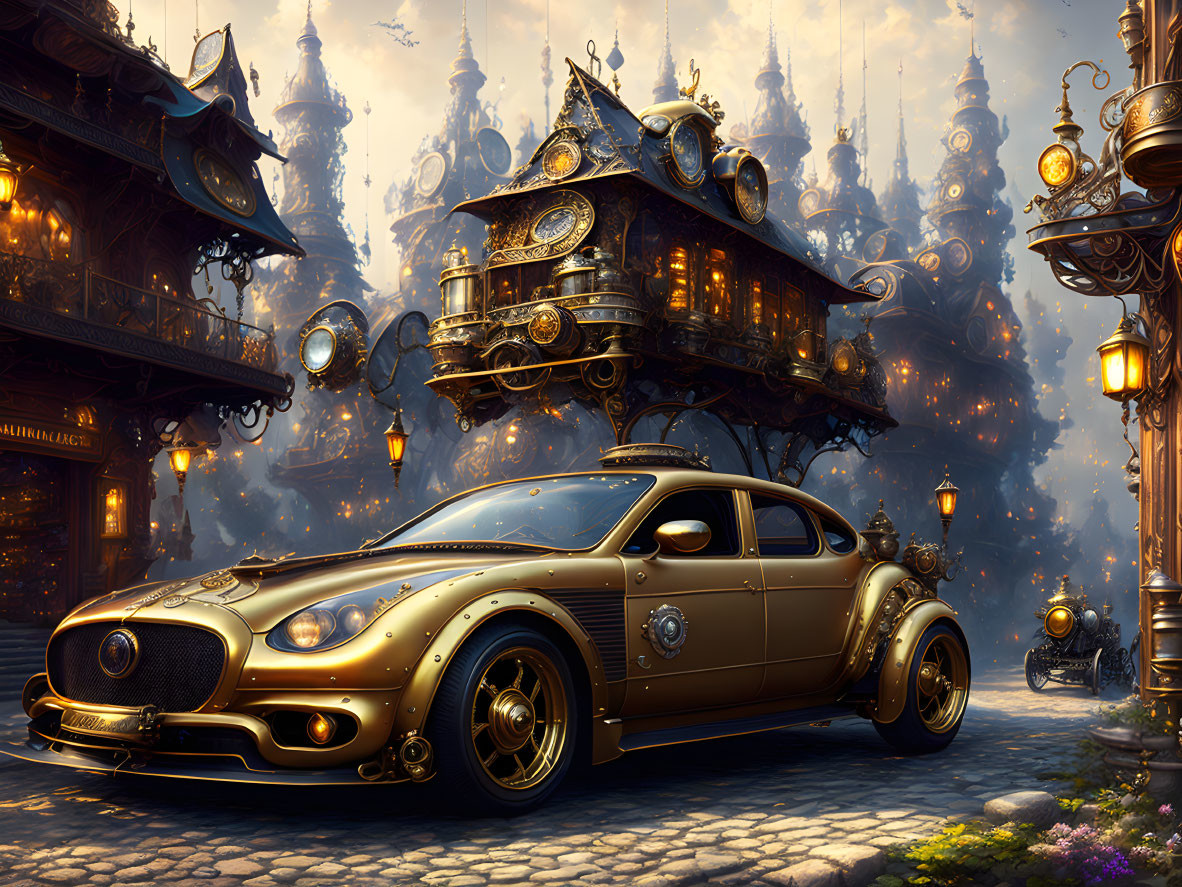 Steampunk scene with retro-futuristic car and ornate buildings