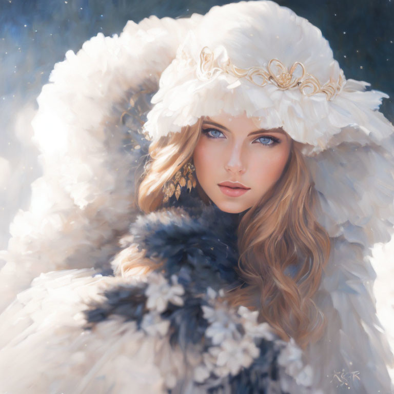 Woman in White Fur Coat and Gold Tiara with Striking Blue Eyes