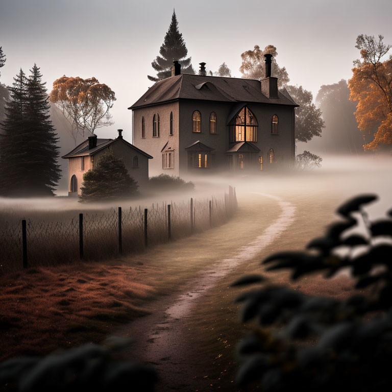 Dark house in foggy autumn landscape with trees and path.