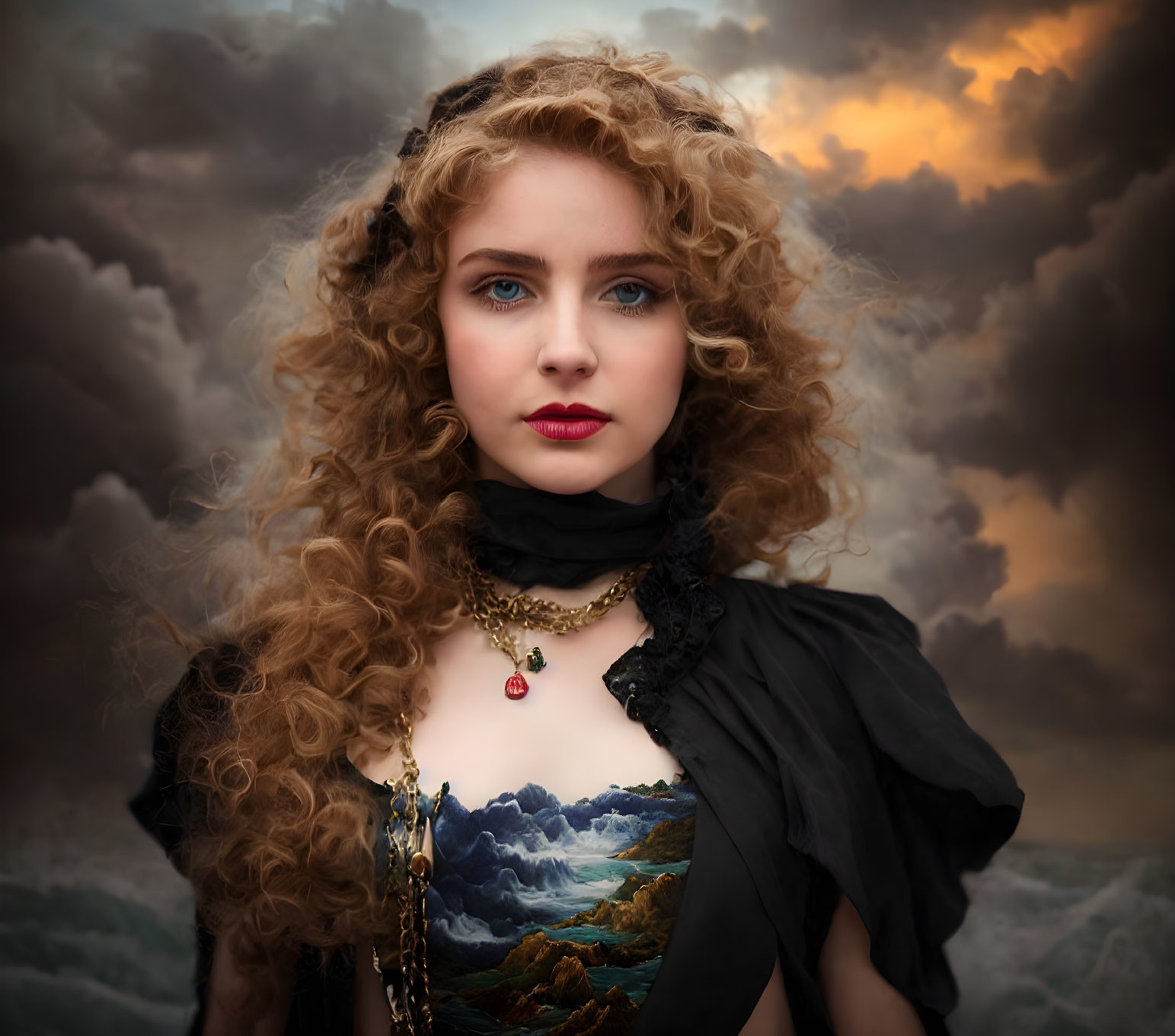 Curly Haired Woman in Black Outfit with Seascape Print at Sunset