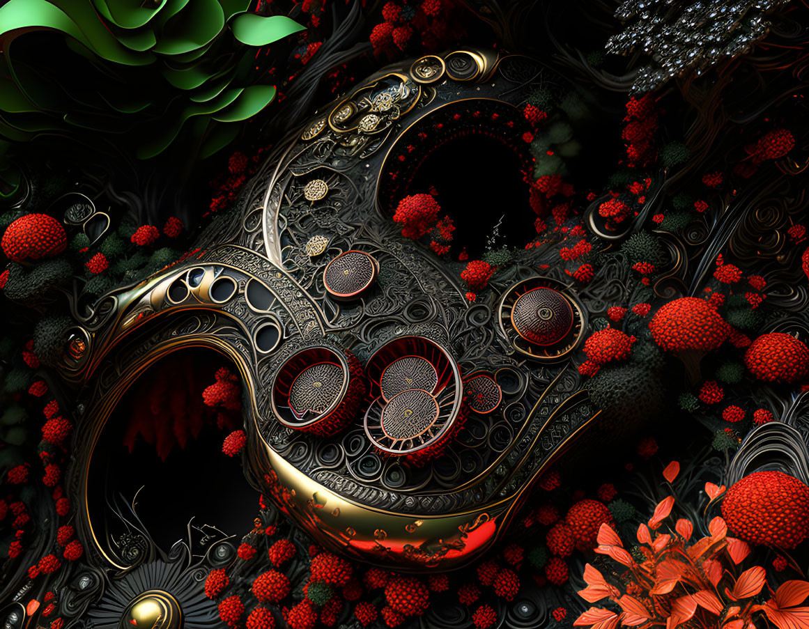 Ornate red and gold floral mask on dark background