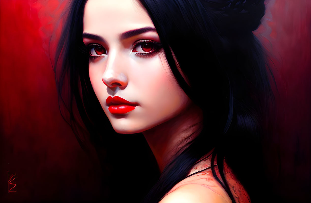 Digital artwork featuring woman with red lips, detailed eyes, and dark hair on crimson backdrop