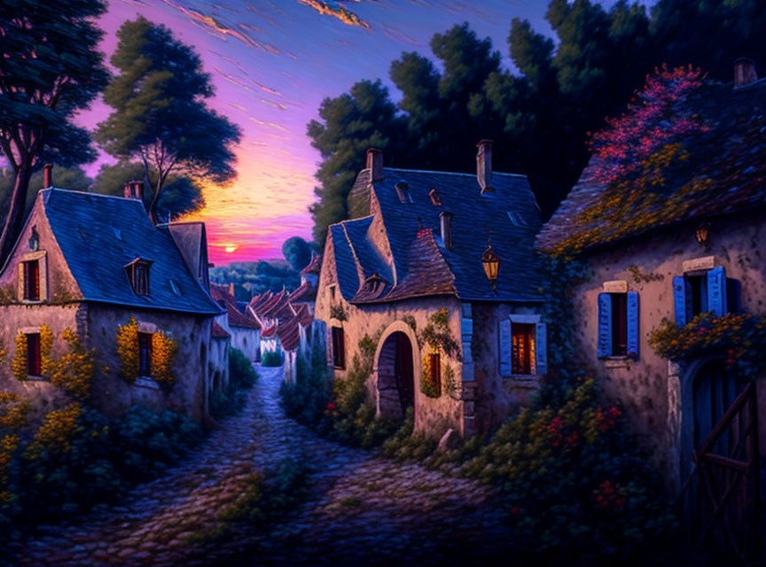 Charming village street at dusk with lantern-lit houses and colorful sky