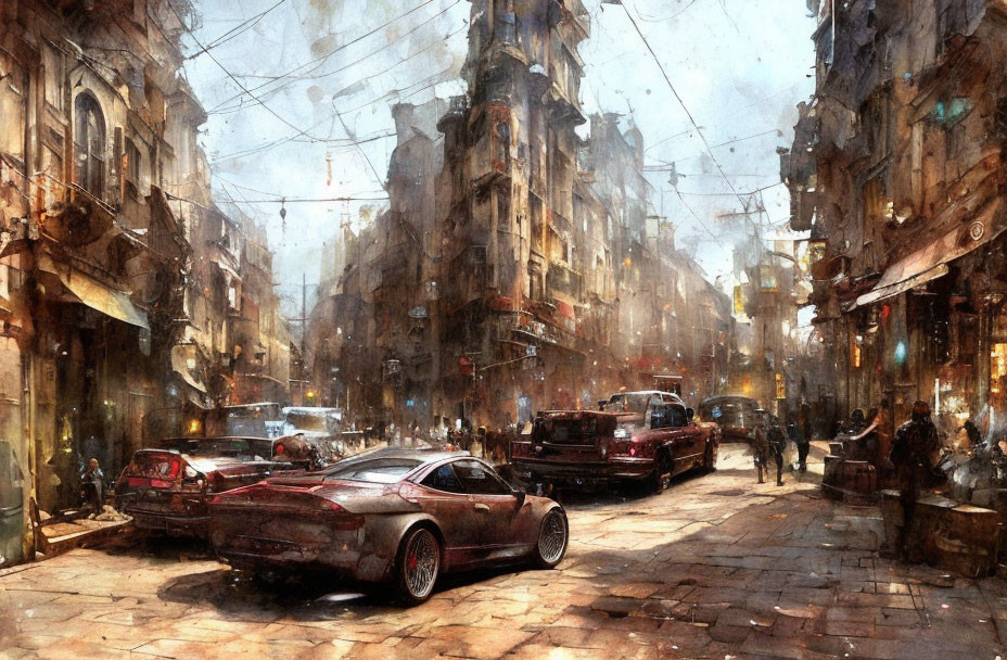 Futuristic city street with retro-futuristic cars and warm, rustic ambiance