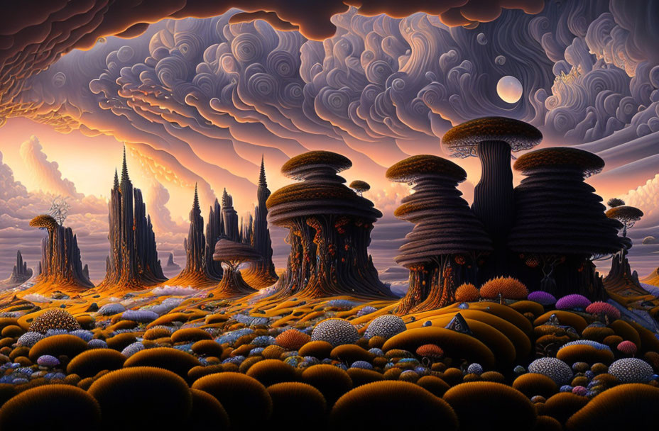 Surreal landscape with mushroom structures, rolling hills, colorful vegetation