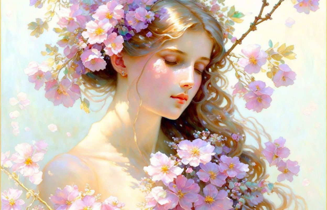 Serene woman with flowing hair and pink flowers in a cherry blossom setting