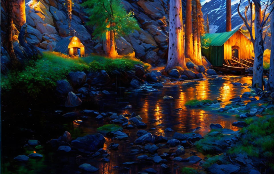 Tranquil night landscape with cabin, lamp, stream, rocks, trees, and golden reflections.