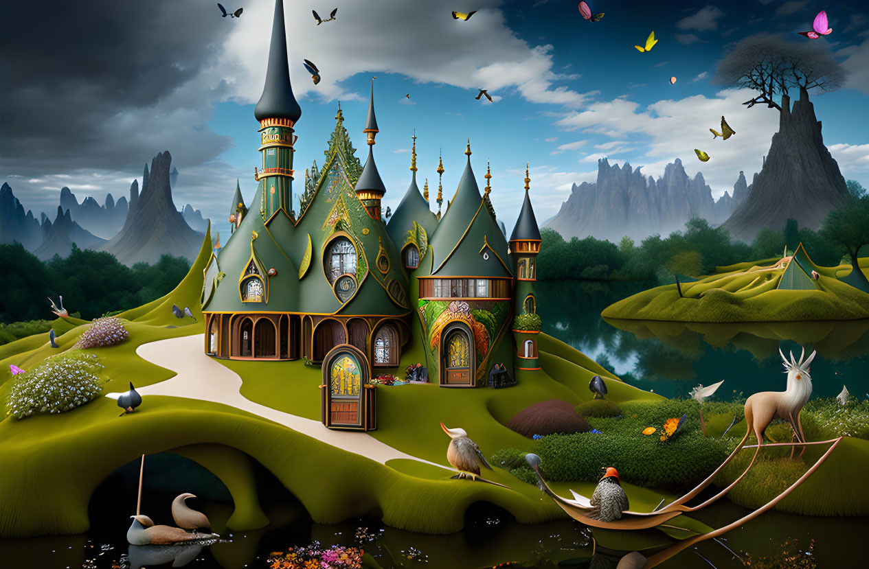 Fantasy landscape with castle, wildlife, butterflies, river, dramatic sky