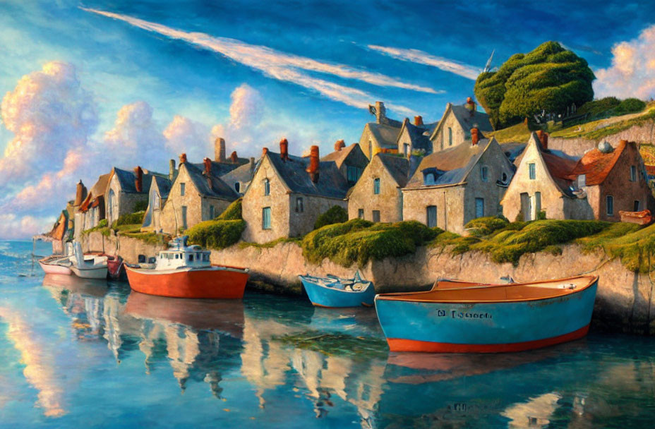 Stone houses, boats, and blue sky in coastal village