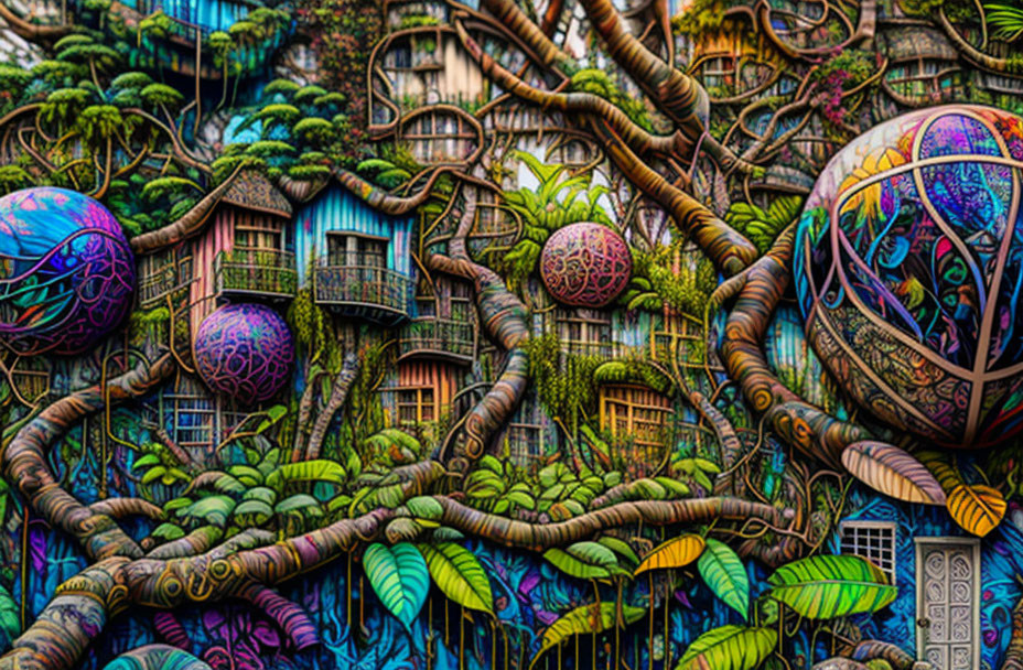 Colorful street art mural with nature and fantasy elements