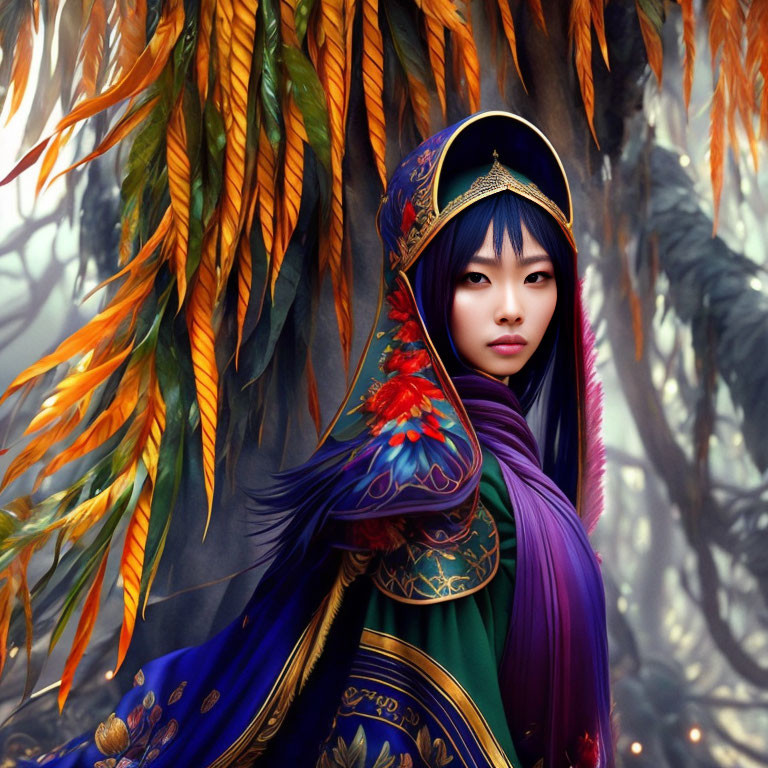 Person in Blue and Gold Traditional Outfit in Mystical Forest