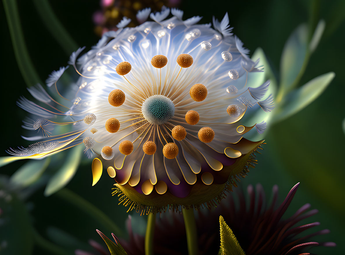 Whimsical white flower with golden stamens on green background