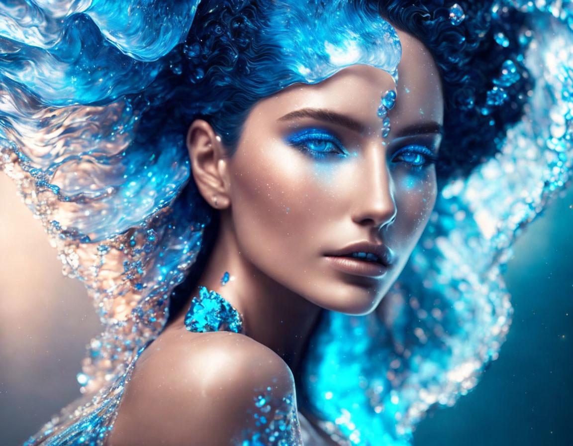 Fantastical image of person with blue features and water-themed headdress