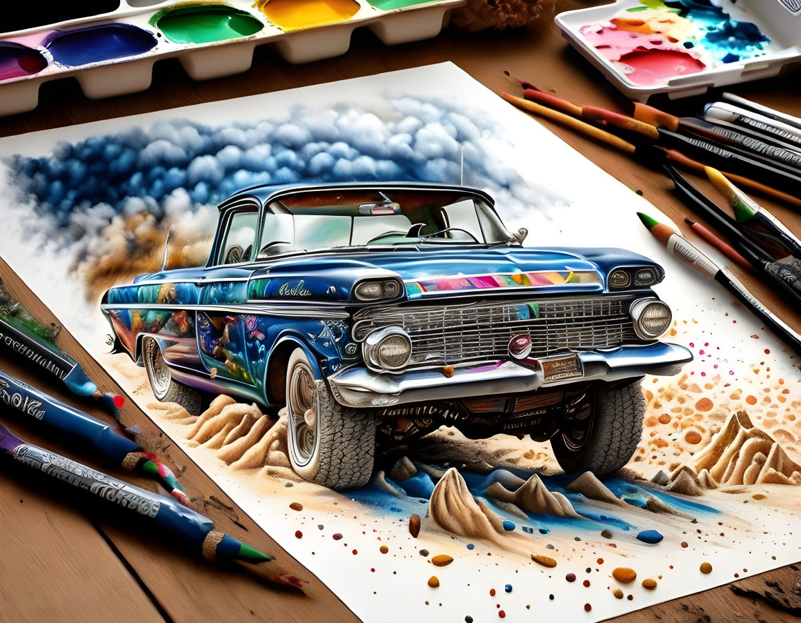 Illustration of classic car with art supplies on wooden surface