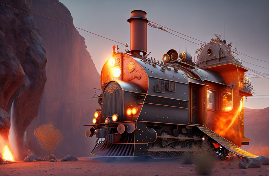 Vintage Steam Locomotive Stopped in Desert Canyon at Dusk