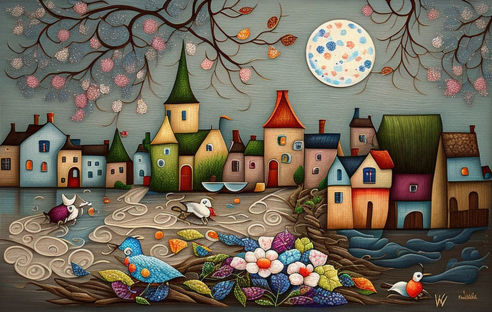 Colorful Village Painting with Stylized Houses and Moonlit River