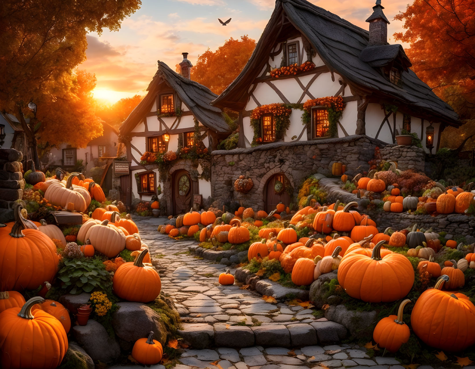 Charming village street at sunset with pumpkins and autumn decor