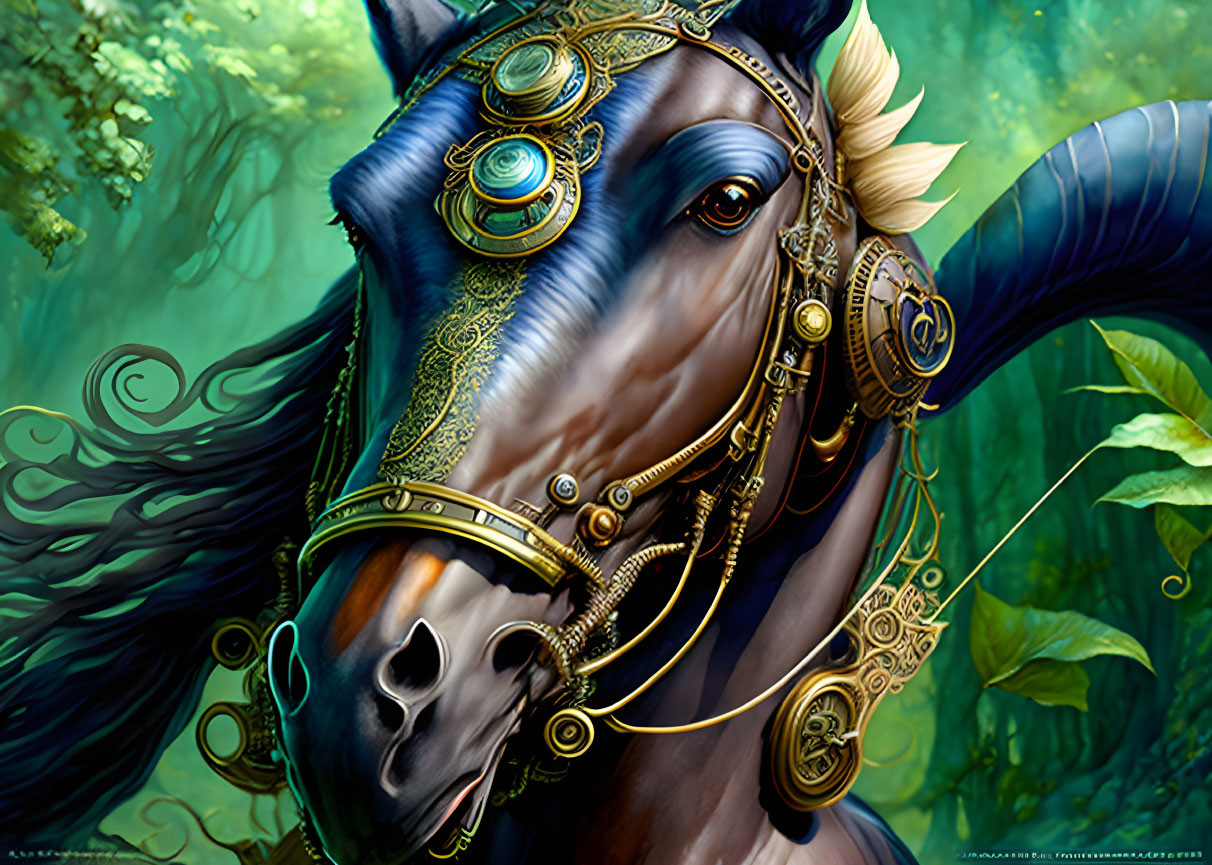 Steampunk-style horse with golden bridle on green background