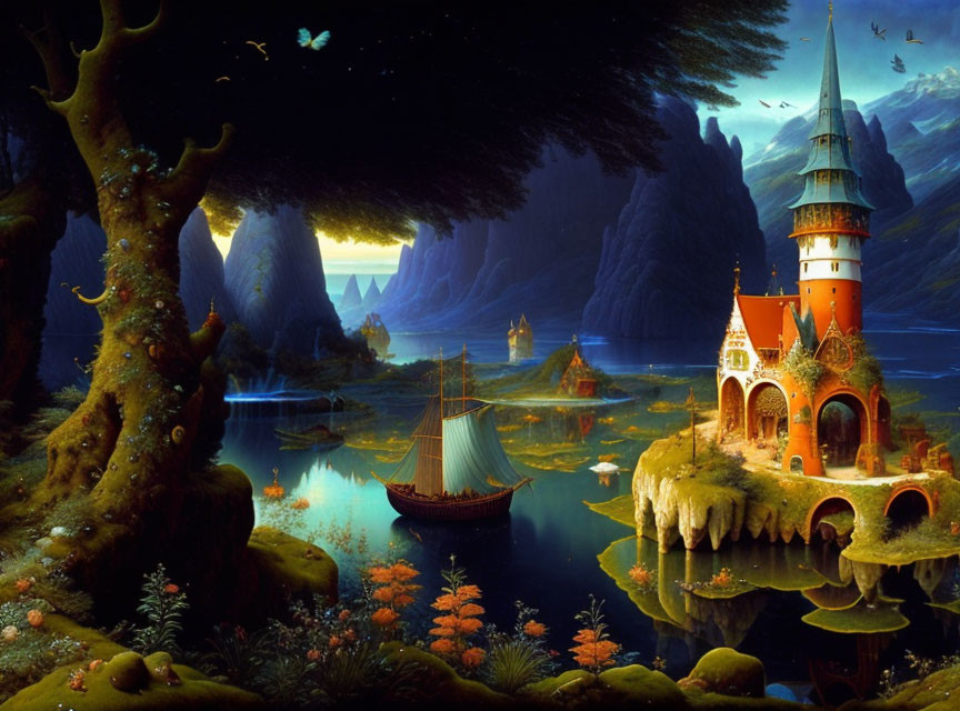 Vibrant castle on lush island in mystical landscape