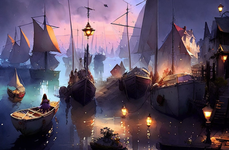 Harbor scene at dusk with glowing lights, boats, and rower amid quaint buildings