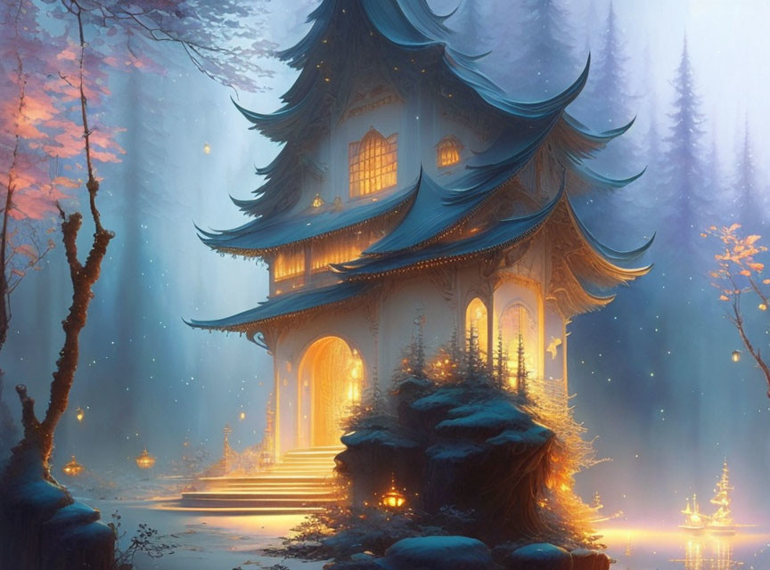 Mystical pagoda in enchanted forest with warm glow