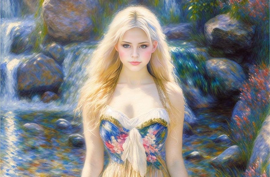 Blonde woman in serene nature scene with flowing hair