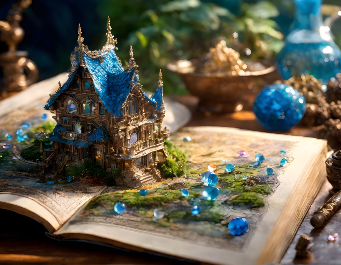 Miniature fantasy house on storybook with blue roofs and magical elements