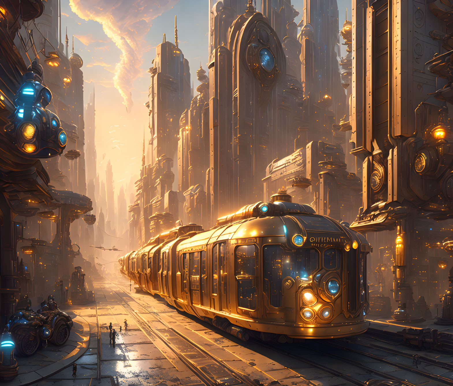 Futuristic golden cityscape with towering structures and sleek tram under warm sunlight