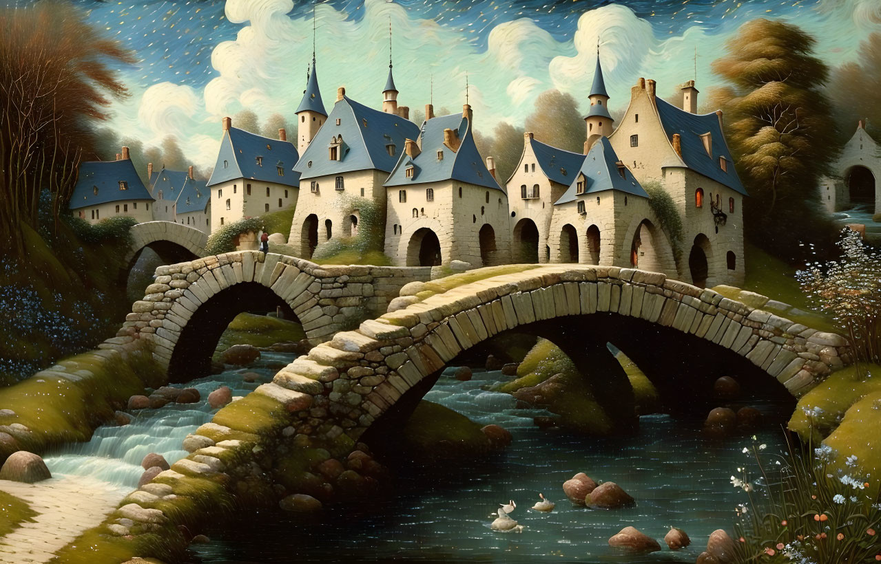 Castle painting with spires, stone bridge, swans, lush landscape, and whimsical clouds