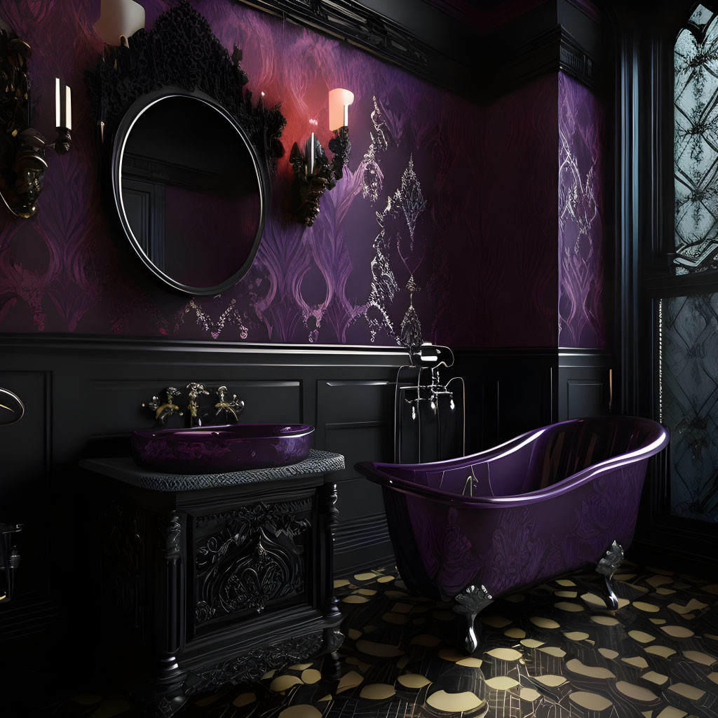 Vintage Claw-Foot Bathtub in Elegant Bathroom with Ornate Black Vanity