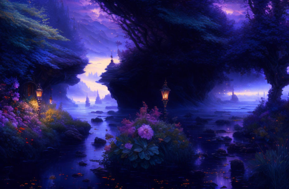 Mystical forest scene: glowing lanterns, blue-purple palette, misty water, lush vegetation