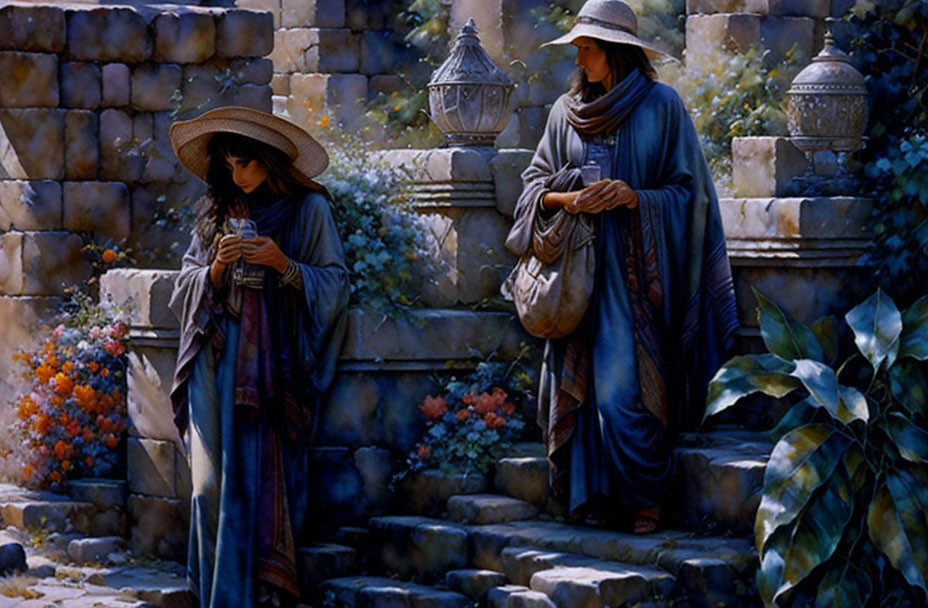 Traditional robed individuals near stone wall with lush vegetation