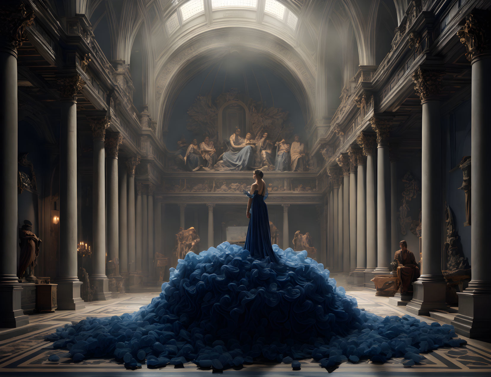 Elaborate blue gown woman in grand hall with statues