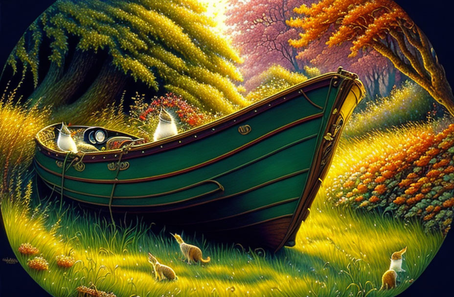 White Cats in Green Boat Surrounded by Enchanted Forest Wildlife