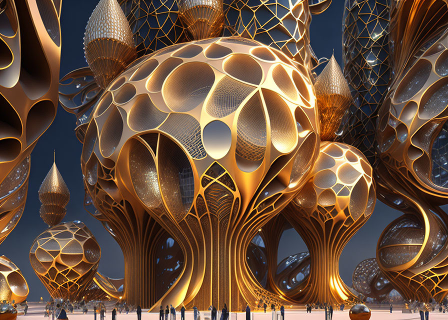 Golden organic-shaped structures in futuristic cityscape at twilight