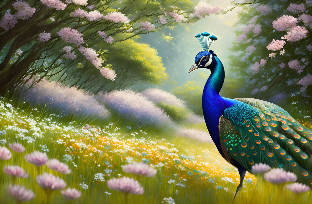 Colorful peacock in lush meadow with pink blossoming trees