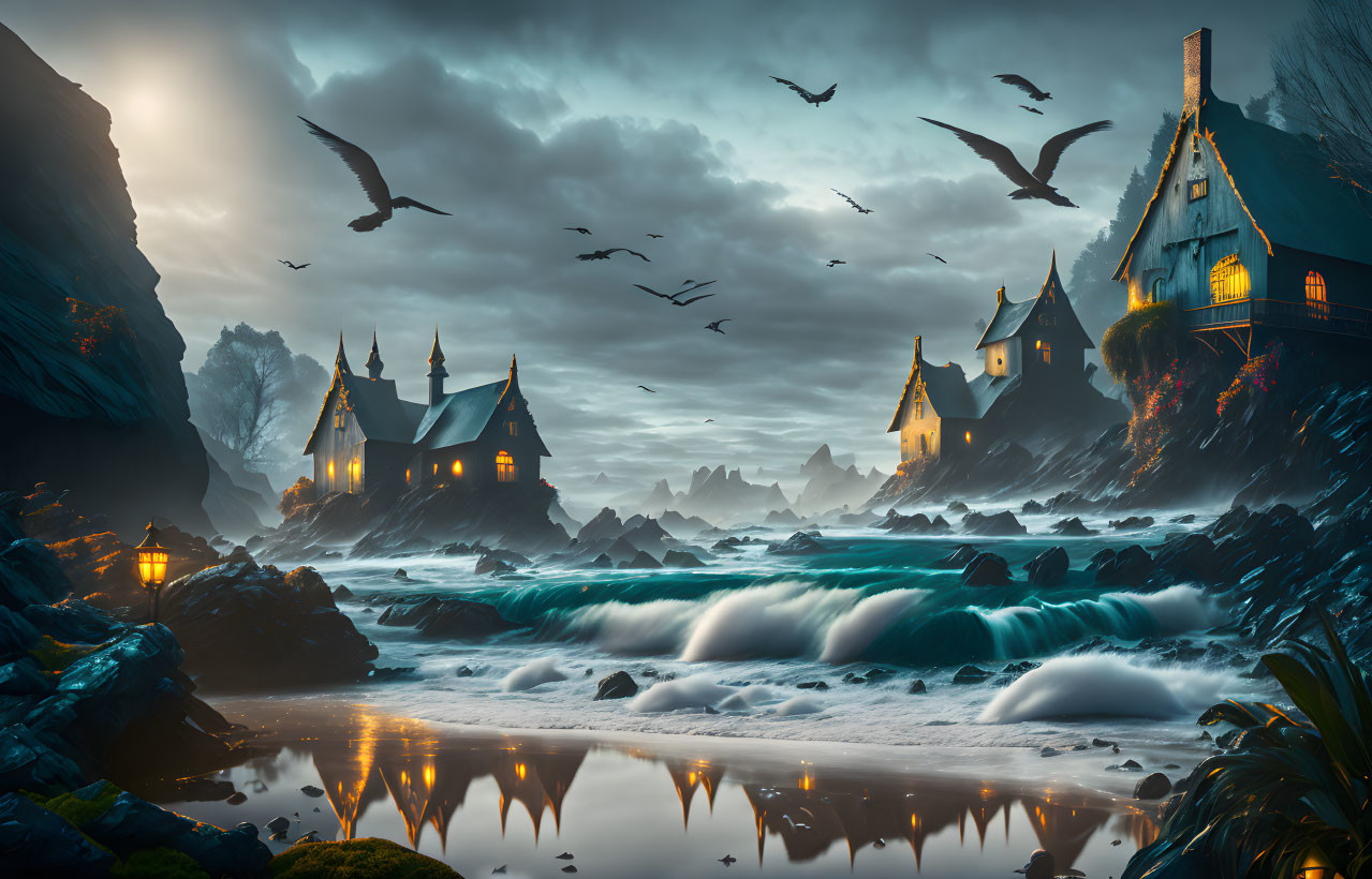 Mystical coastal dusk scene with cliffs, rough sea, traditional houses, birds, and soft glow