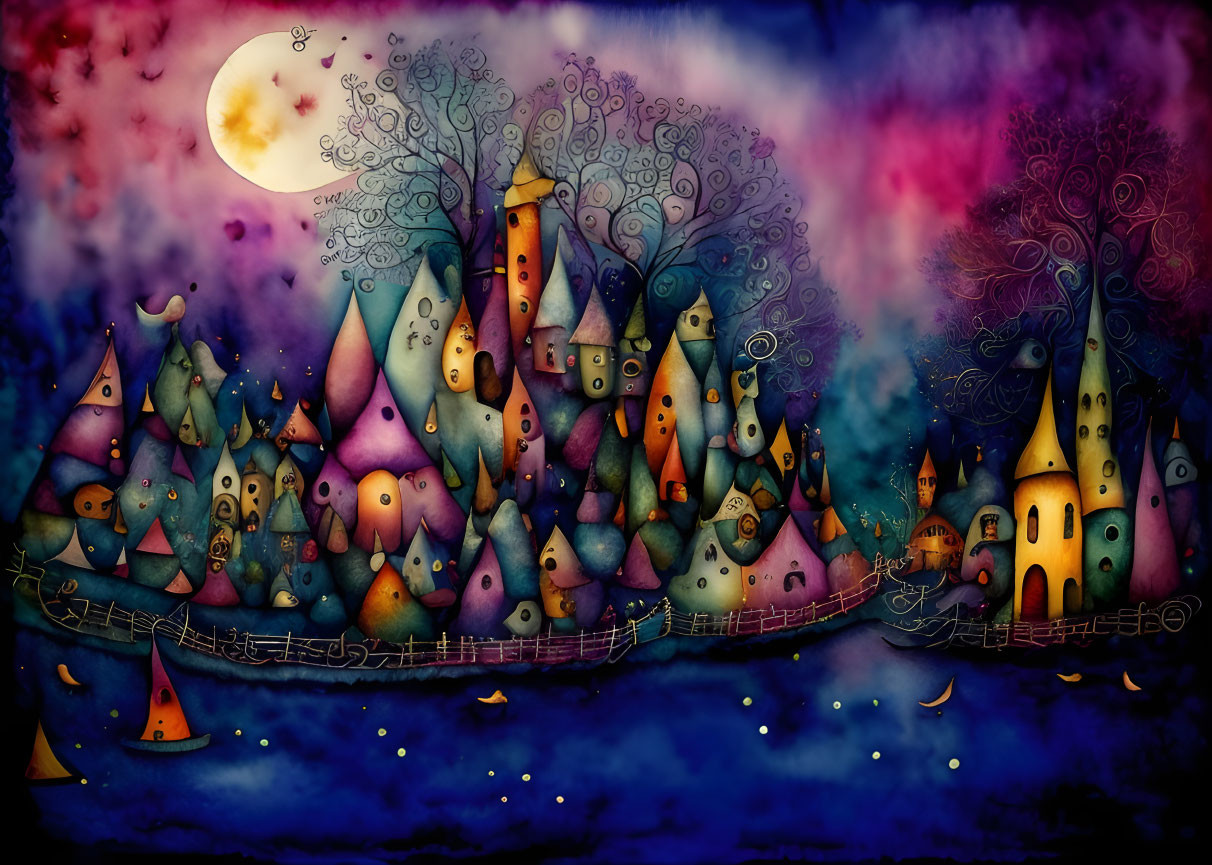 Colorful fantasy landscape with musical note houses and moonlit tree