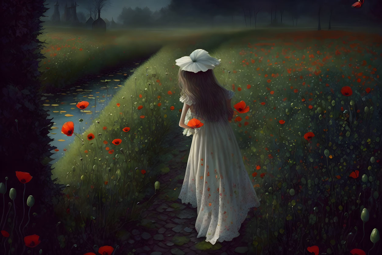 Young girl in white dress among red poppies on cobblestone path