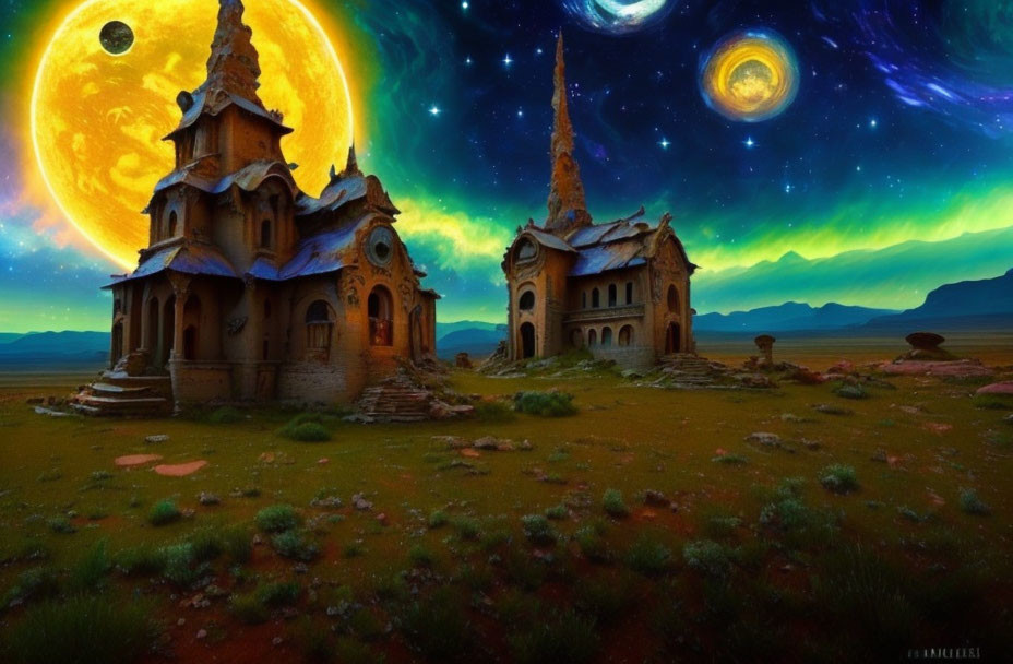 Abandoned buildings in fantastical dual-moon landscape