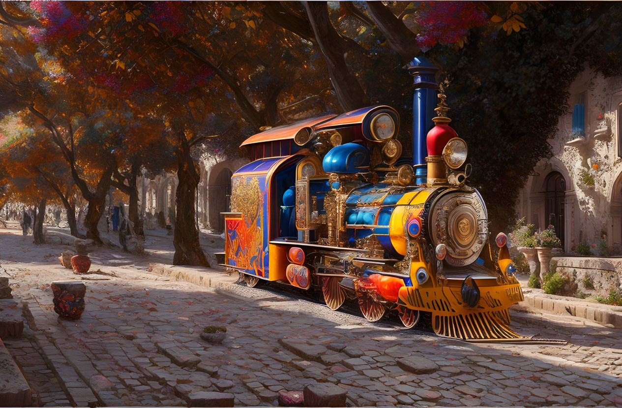 Colorful steam train on cobbled streets with autumn trees and quaint building