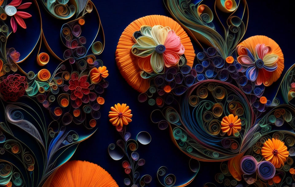 Vibrant paper quilling art: floral designs, spirals in orange, blue, red,