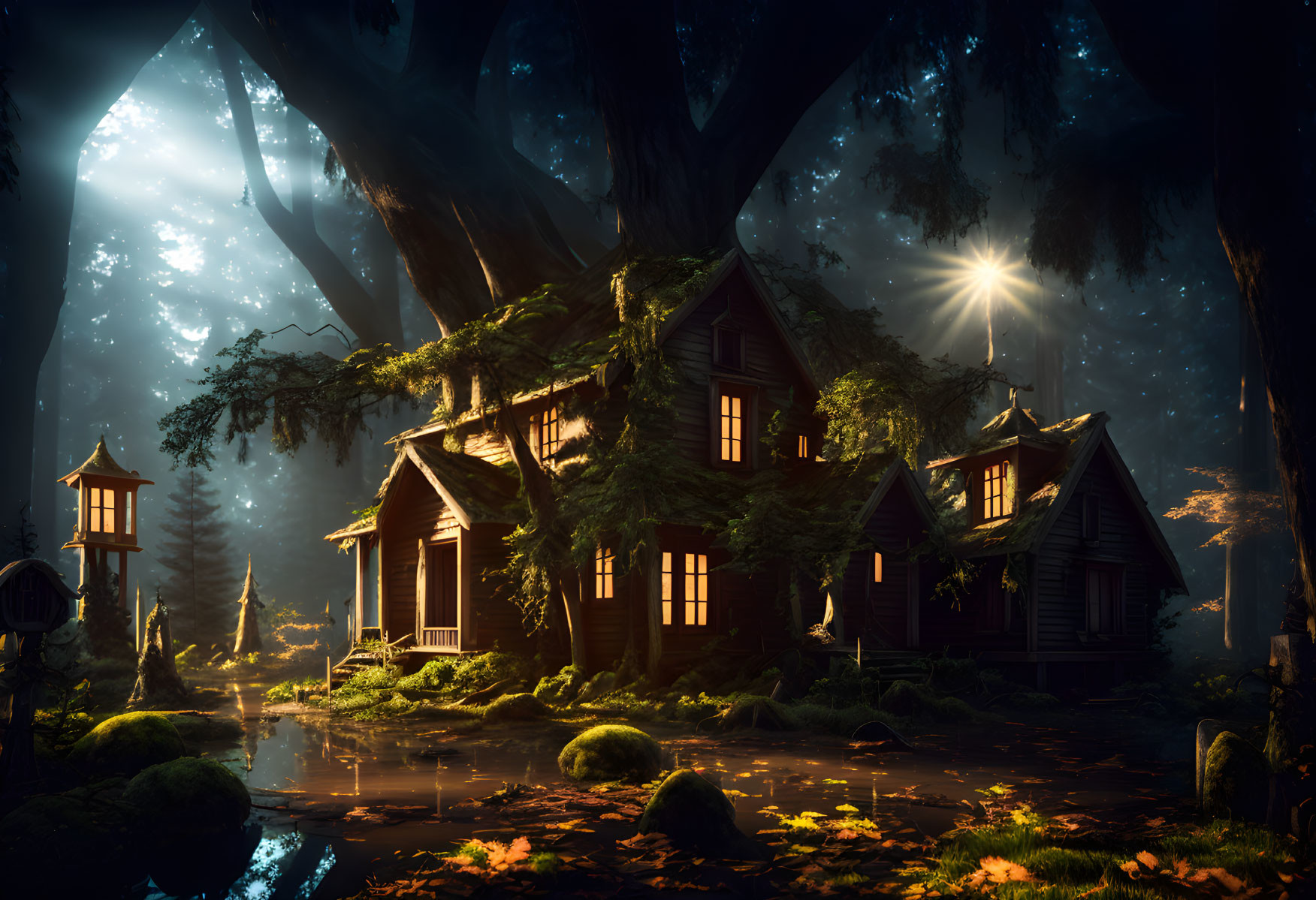 Mystical cabin in enchanted forest with giant trees and serene pond