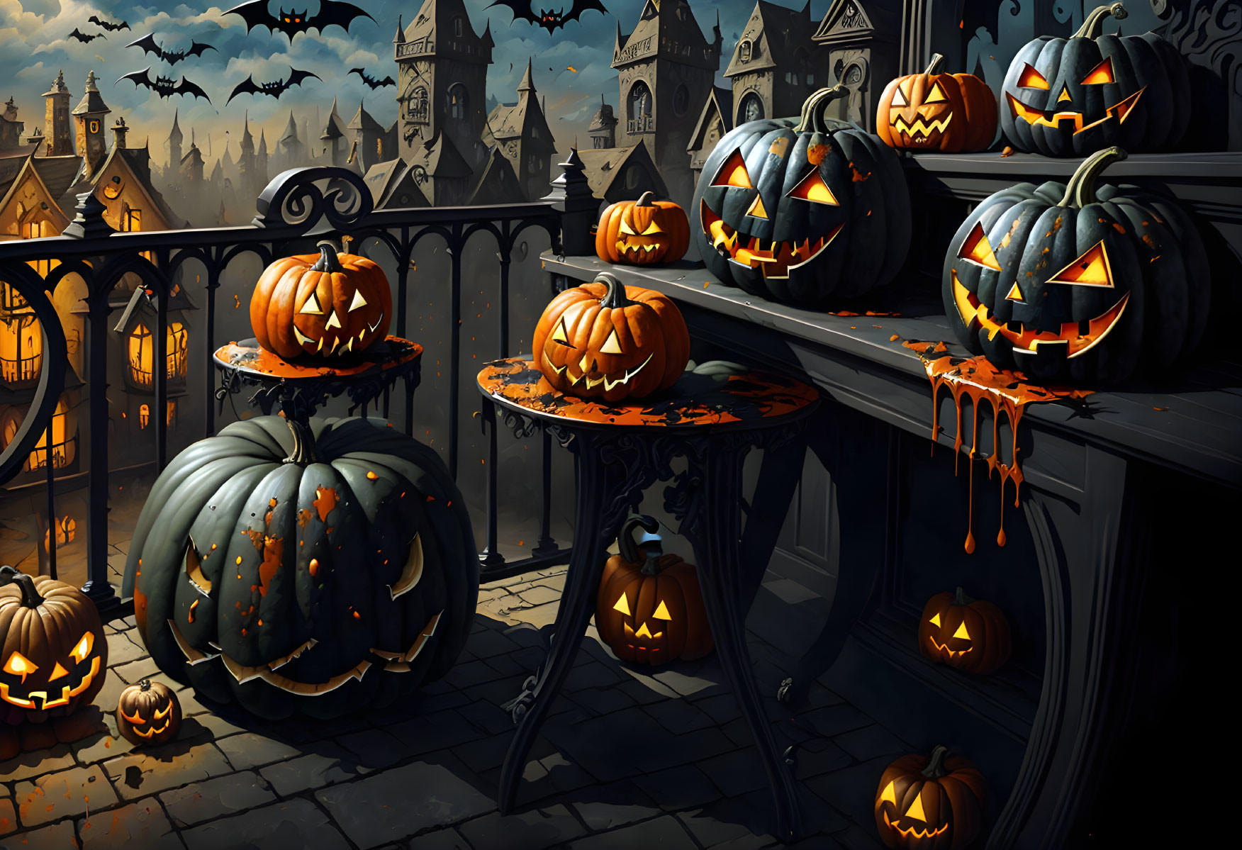 Gothic Halloween balcony with jack-o'-lanterns, candlelight, and moonlit cast