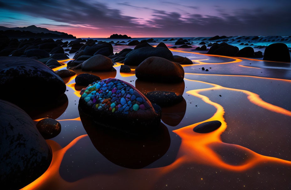 Vivid Twilight Beach Scene: Smooth Stones, Orange Reflections