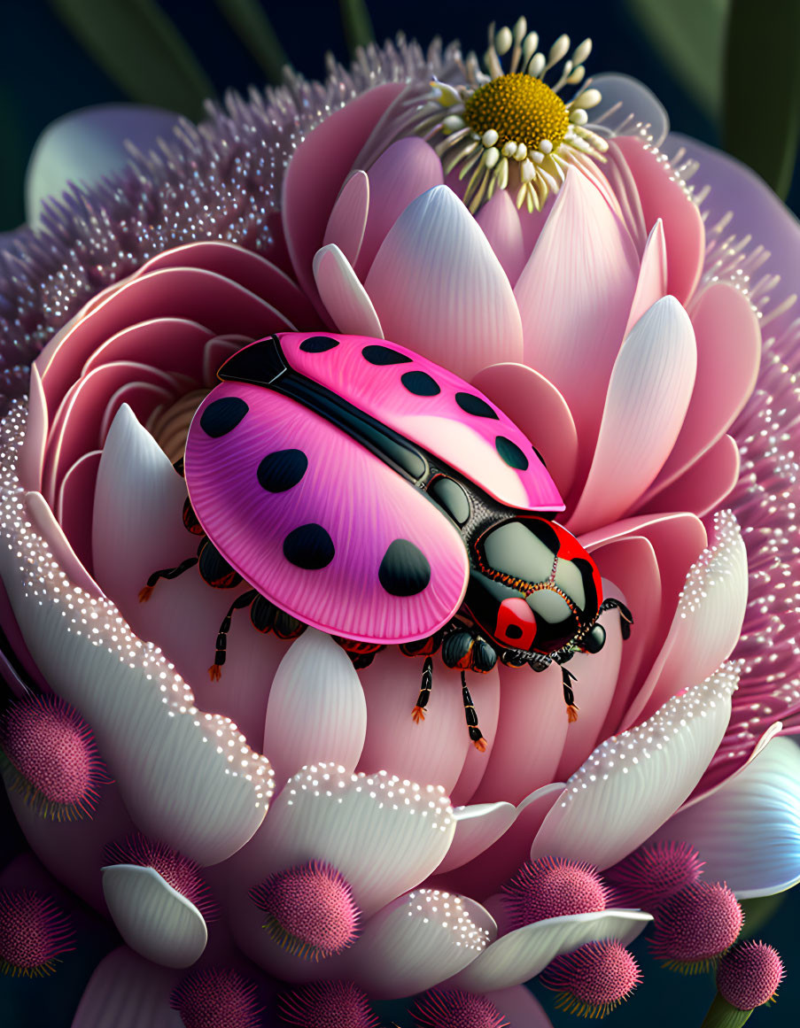 Colorful digital illustration of pink ladybug on blooming flower